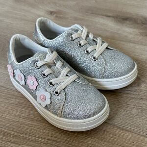 NEW Dr Kong Glitter Silver Kids Shoes with Pink florals